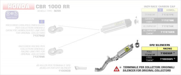 ARROW / アロー HONDA CBR 1000 RR '08/13 GP2 スチールダーク サイレンサー + リンクパイプ アローコレクター用 | 71003GPI