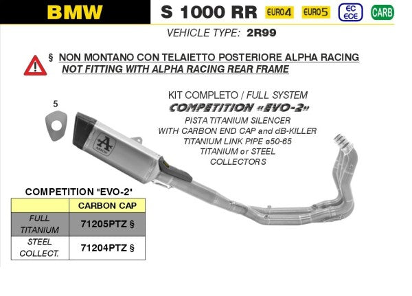 Arrow / アロー BMW S1000RR '19/22 競技用フルシステムマフラー ハイバージョン ステンレスコレクター チタニウム PISTA サイレンサー DB-KILLER付属 | 71204PTZ