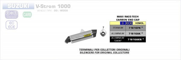 ARROW / アロー SUZUKI DL 1000 V-STROM '14 eマーク認証 アルミニウム MAXI RACE-TECH サイレンサー カーボンエンドキャップ付 オリジナルコレクター用 | 71816AK