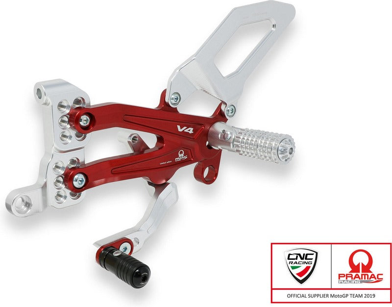 CNC Racing Adjustable rear sets Ducati Panigale V4 series for V4 V4 S and V4 Speciale - Pramac Racing limited Edition Silver/Red | PE406PR