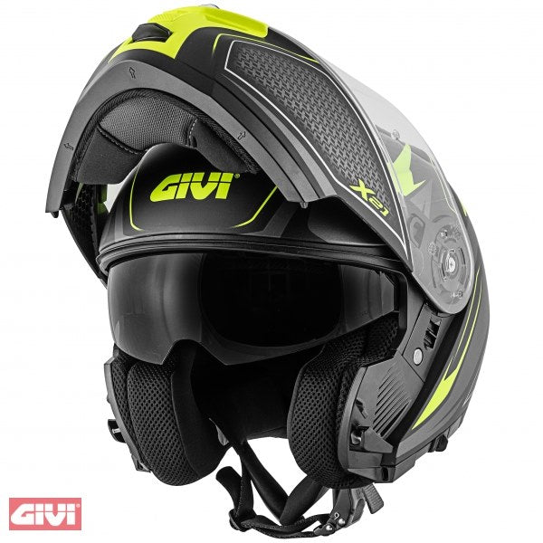 GIVI / ジビ Hps Hx21 フリップアップ ヘルメット グラフィック グローブ シバー ブラック/チタン/イエロー マット サイズ 56/S | HX21FSHBT56