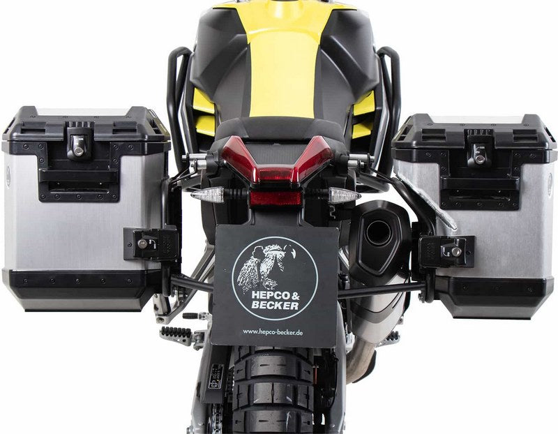 Hepco and Becker / ヘプコアンドベッカー Side carrier cutout black incl. Xplorer silver sideboxes for Aprilia Tuareg (2022-) | 6517599 00 01-00-40
