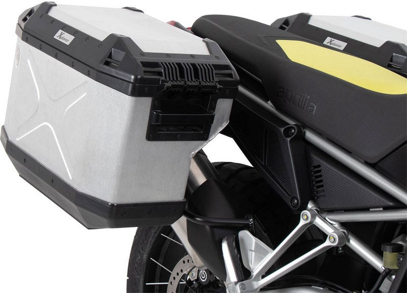 Hepco and Becker / ヘプコアンドベッカー Side carrier cutout black incl. Xplorer silver sideboxes for Aprilia Tuareg (2022-) | 6517599 00 01-00-40
