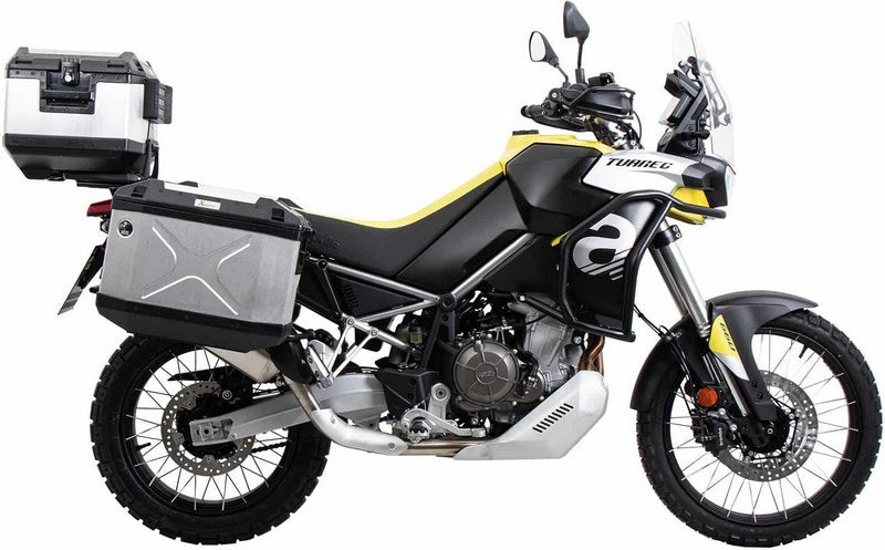Hepco and Becker / ヘプコアンドベッカー Side carrier cutout black incl. Xplorer silver sideboxes for Aprilia Tuareg (2022-) | 6517599 00 01-00-40