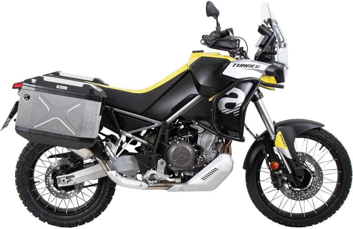Hepco and Becker / ヘプコアンドベッカー Side carrier cutout black incl. Xplorer silver sideboxes for Aprilia Tuareg (2022-) | 6517599 00 01-00-40