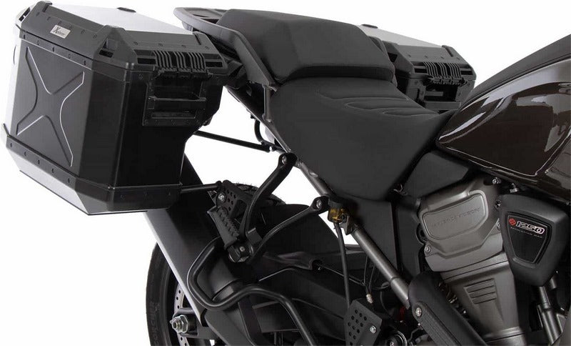Hepco and Becker / ヘプコアンドベッカー Side carrier cutout black incl. Xplorer black sideboxes for Harley Davidson Pan America (2021-) | 6517600 00 01-01-40