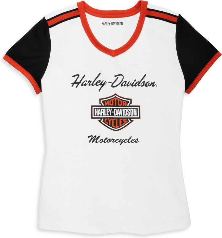 Harley-Davidson Women'S Iconic V-Neck Shoulder Stripe Tee Bright White | 96084-22VW