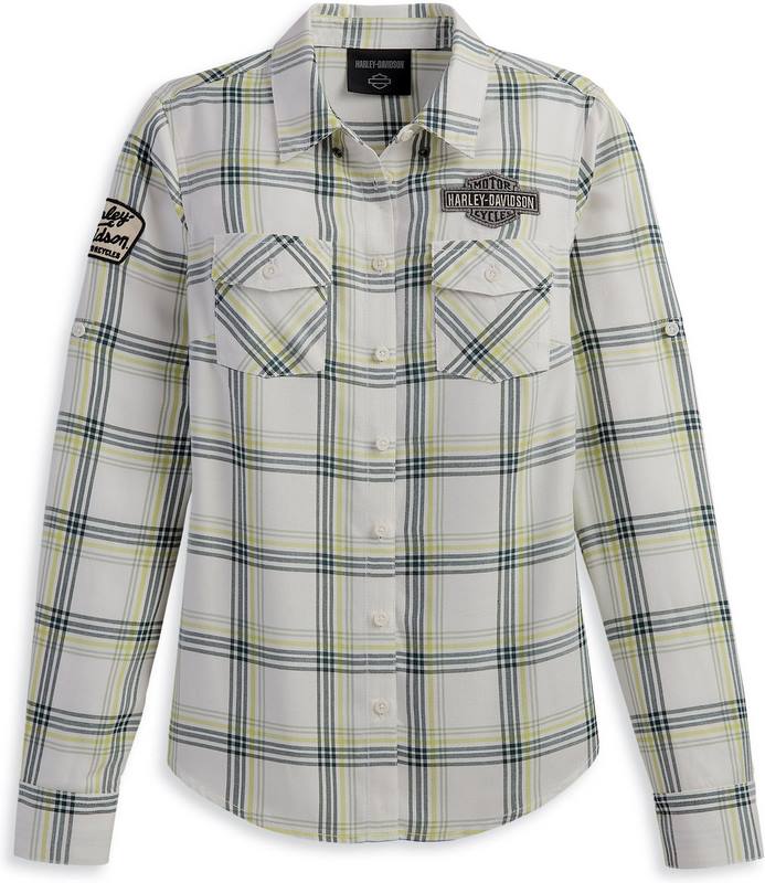 Harley-Davidson Women'S Gas & Oil Convertible Sleeve Shirt Yarn Dyed Plaid-Cloud Dancer | 96272-23VW