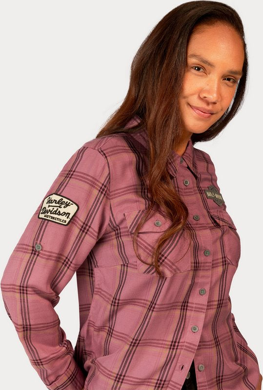 Harley-Davidson Women'S Gas & Oil Convertible Sleeve Shirt Yarn Dyed Plaid-Dusky Orchid | 96273-23VW