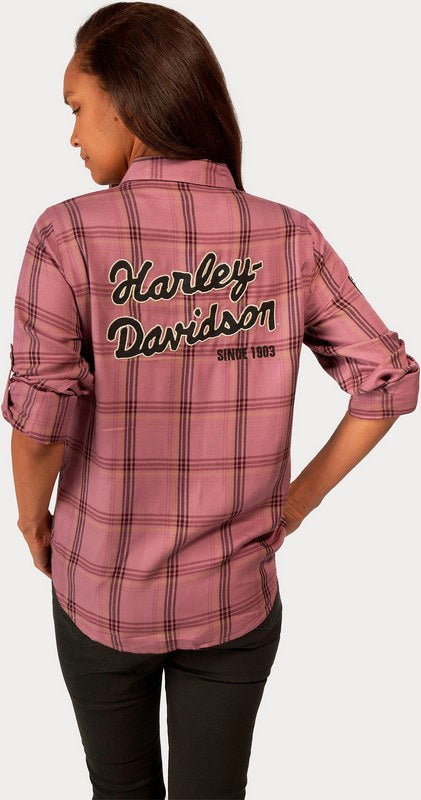 Harley-Davidson Women'S Gas & Oil Convertible Sleeve Shirt Yarn Dyed Plaid-Dusky Orchid | 96273-23VW
