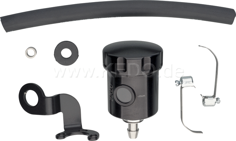Kedo T7 aluminum Rear Brake fluid reservoir black anodised incl specific stainless steel holder (black coated) and mounting material. | 31063