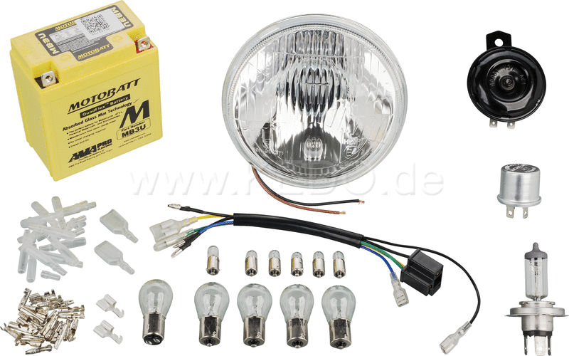 Kedo Powerdynamo Extension Kit H4 incl Reflector adapter loom AGM battery bulbs horn and small parts | 31304