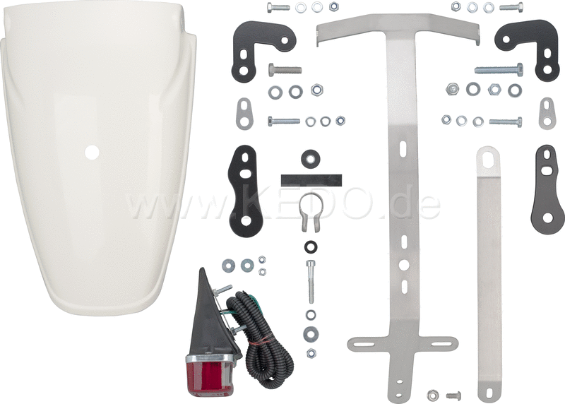Kedo TT-style Fender conversion complete incl TT500- 'Clean White' fender taillight license plate bracket and INDICATOR (50097 pad recommended). | 50183-CW