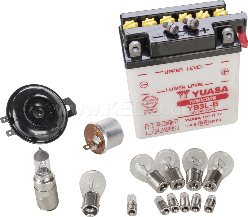Kedo Add-On Kit Basic for item 50544 PME 12V conversion (contains all 12V bulbs YUASA battery flasher relay and horn OEM headlight remains) | 50550-Y
