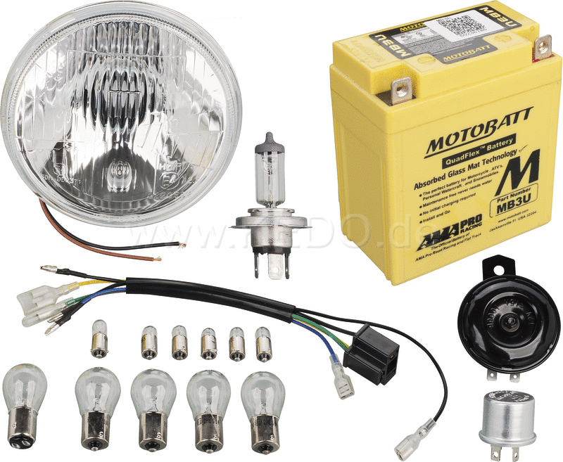 Kedo Add-On Kit H4 for Item 50544 12V conversion includes all bulbs closed AGM battery flasher relay horn headlight and adapter wiring loom | 50551