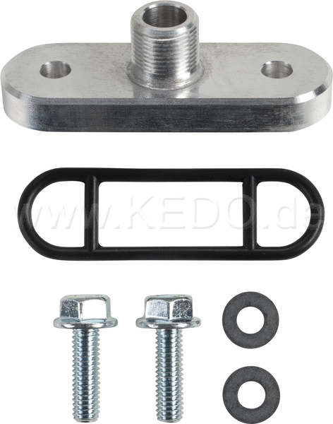 Kedo Fuel petcock adapter SR500 (OEM flange to M14x1 bolt distance 46mm) incl screws and gasket -> matching fuel petcock see item 29251/50597. | 50692