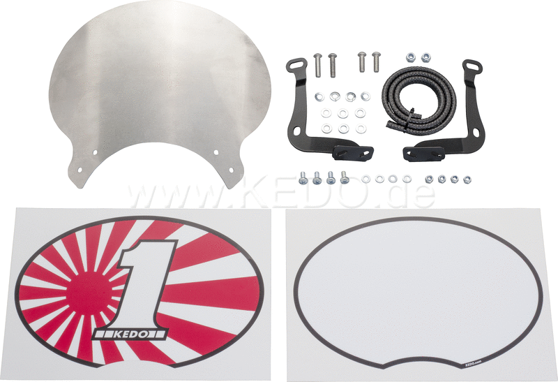 Kedo Starting Number Plate 'Six Days' aluminum with stainless steel brackets black suitable for original headlight and -brackets (incl 2 stickers.) | 60404
