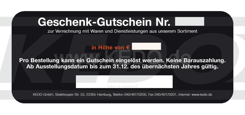 Kedo Gift Voucher (please write requested amount in euros into the quantity field Shipped as DHL Parcel) | GUTSCHEIN