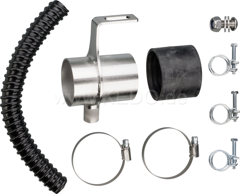 Kedo Air Filter Mounting / Air Intake Tract- Extension for Racing Air Filter (54mm E.G. item 91372) stainless steel with black engine ventilation pants | KTH-10049