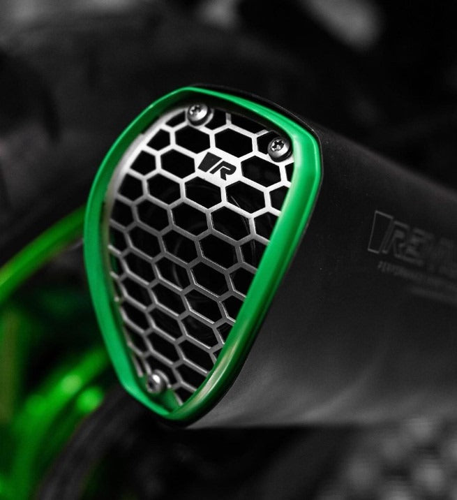 スリップオンNXTスポーツマフラー、ステンレスブラック、グリーン付き、触媒なし接続管