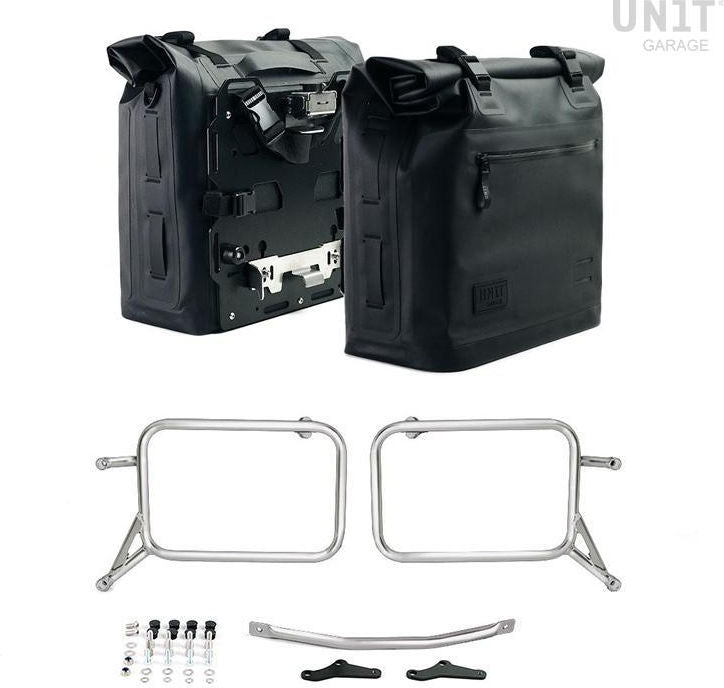 Unitgarage / ユニットガレージ Two Khali side panniers in TPU 35L - 45L + Pair of aluminium plates with Inox Subframe R & GS | 2xUG002-2xAL0-1528