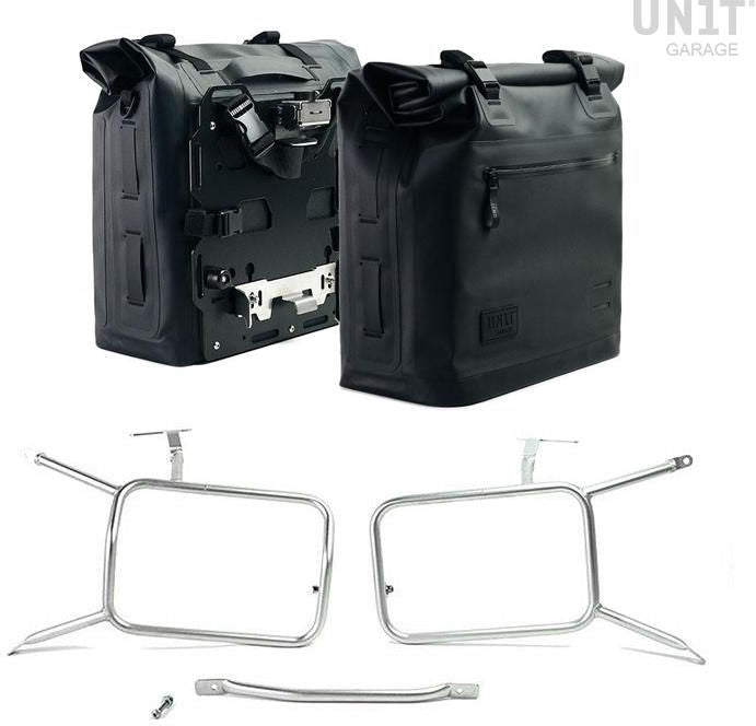 Unitgarage / ユニットガレージ Two Khali side panniers in TPU 35L - 45L + Pair of aluminium plates with Inox Subframe NineT-Series | 2xUG002-AL0C-1641