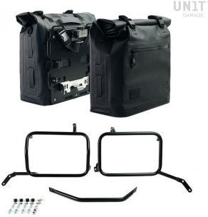 Unitgarage / ユニットガレージ Two Khali side panniers in TPU 35L - 45L + Pair of aluminium plates with Inox Subframe Moto Guzzi V85TT | 2xUG002-AL0C-2252-BL