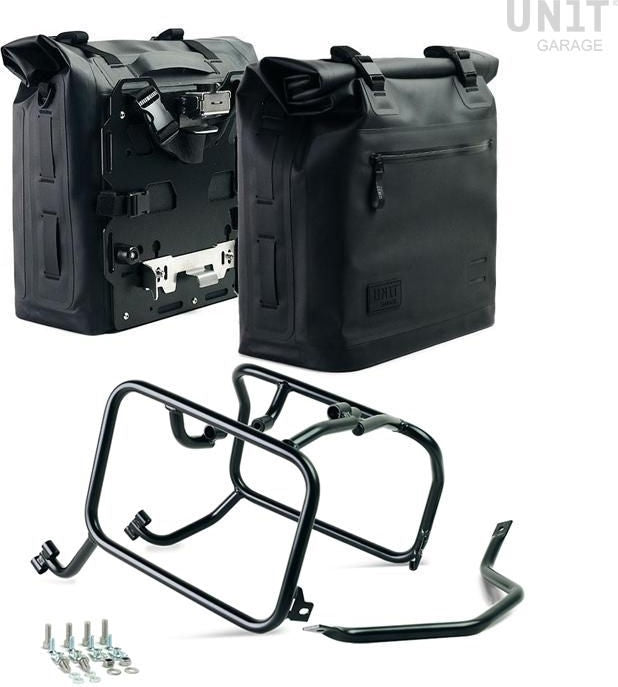 Unitgarage / ユニットガレージ Two Khali side panniers in TPU 35L - 45L + Pair of aluminium plates with HUSQVARNA frame | 2xUG002-AL0C-3005