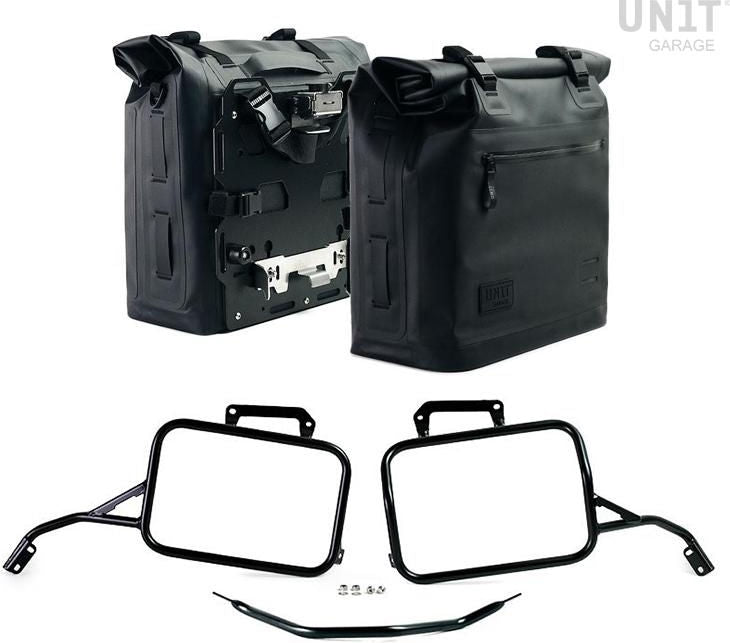 Unitgarage / ユニットガレージ Two Khali side panniers in TPU 35L - 45L + Pair of aluminium plates with Aprilia Tuareg 660 frame | 2xUG002-AL0C-3604