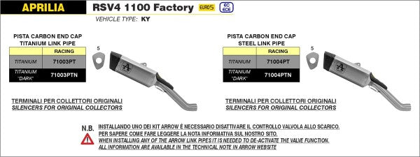 Arrow / アロー APRILIA RSV4 1100 FACTORY チタニウムリンクパイプ+チタニウム DARK PISTA サイレンサー カーボンエンドキャップ DB KILLER付属 | 71003PTN