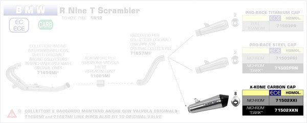ARROW / アロー BMW NINE T 14/15 X-KONE ニクロム エキゾースト  eマーク（公認）  カーボンエンドキャップ付 FOR A RROW ミッドパイプ | 71502XKI