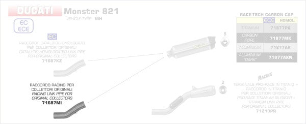 ARROW / アロー DUCATI MOSTER 821 '18 ステンレス リンクパイプ FOR RACE-TECH サイレンサー + オリジナルコレクター | 71687MI