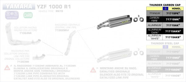 ARROW / アロー YAMAHA R1 '07/11 eマーク認証 アルミニウム RH+LH THUNDER サイレンサー カーボンエンドキャップ付 | 71719AK