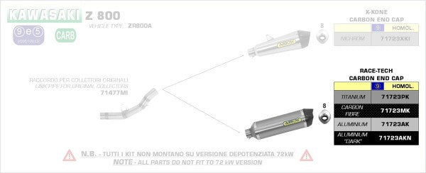 ARROW / アロー KAWASAKI Z 750 '07/11-Z 800 eマーク認証 アルミニウムダーク RACE-TECH サイレンサー カーボンエンドキャップ付 アロー ミッドパイプ | 71723AKN