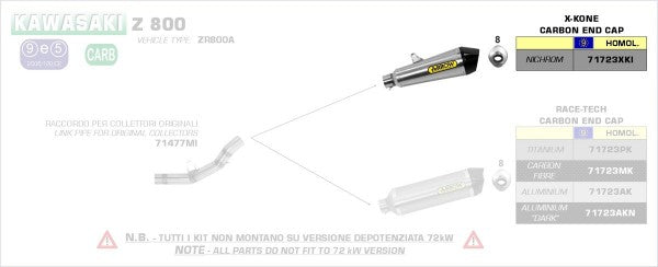 ARROW / アロー KAWASAKI Z-800/Z-800 E '13 eマーク認証 ニクロム X-KONE サイレンサー カーボンエンドキャップ付 ARROWリンクパイプ用 | 71723XKI