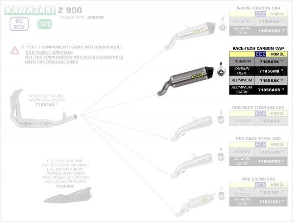 ARROW / アロー KAWASAKI Z900 eマーク認証 カーボン RACE-TECH サイレンサー カーボンエンドキャップ付 オリジナル / Arrowコレクター用 | 71856MK