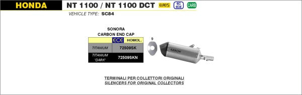Arrow / アロー HONDA NT 1100'22 認証マフラー チタニウム SONORA サイレンサー カーボンエンドキャップ | 72509SK