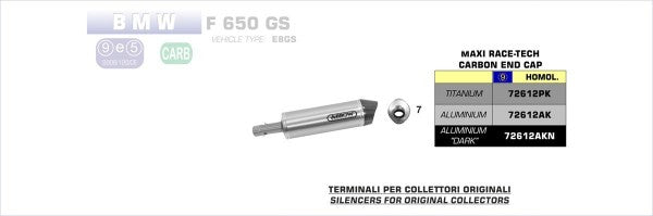 ARROW / アロー BMW F 650 GS '08/09 / F 800 GS '09 eマーク認証 アルミニウムダーク RACE-TECH サイレンサー カーボンエンドキャップ付 | 72612AKN