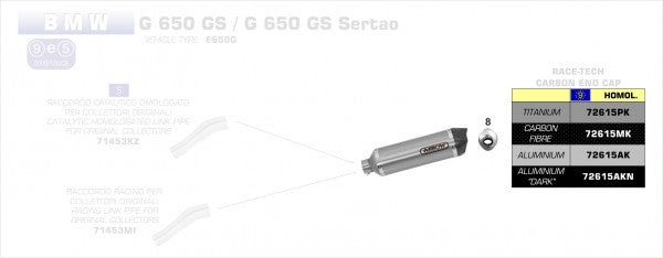 ARROW / アロー BMW G 650 GS '11/13 eマーク認証 アルミニウムダーク RACE-TECH サイレンサー カーボンエンドキャップ付 アロー ミッドパイプ | 72615AKN