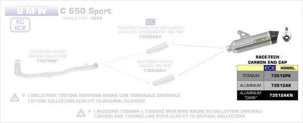 ARROW / アロー BMW C 650 SPORT '16 eマーク アルミニウム RACE-TECH サイレンサー カーボンエンドキャップ付 FOR 73009MI リンクパイプ | 73512AK
