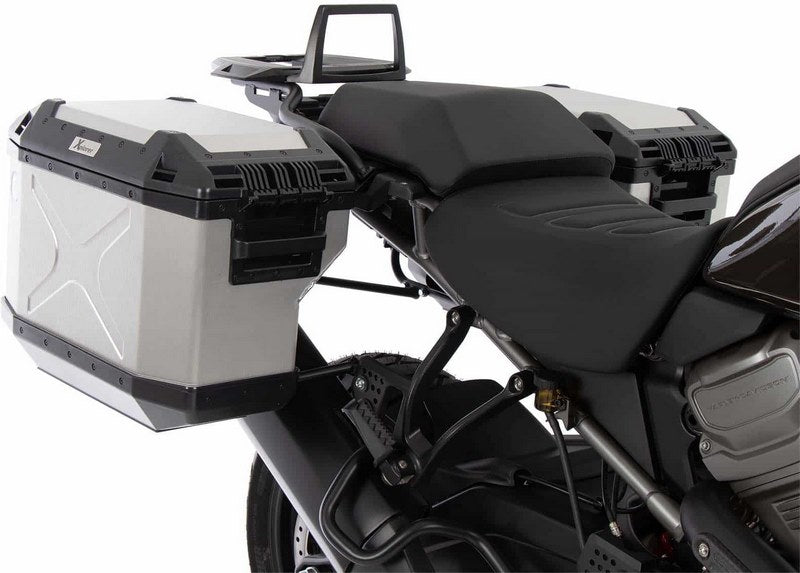 Hepco and Becker / ヘプコアンドベッカー Side carrier cutout black incl. Xplorer silver sideboxes for Harley Davidson Pan America (2021-) | 6517600 00 01-00-40