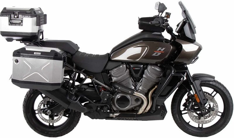 Hepco and Becker / ヘプコアンドベッカー Side carrier cutout black incl. Xplorer silver sideboxes for Harley Davidson Pan America (2021-) | 6517600 00 01-00-40