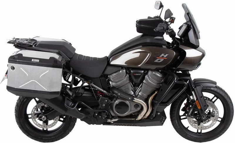 Hepco and Becker / ヘプコアンドベッカー Side carrier cutout black incl. Xplorer silver sideboxes for Harley Davidson Pan America (2021-) | 6517600 00 01-00-40