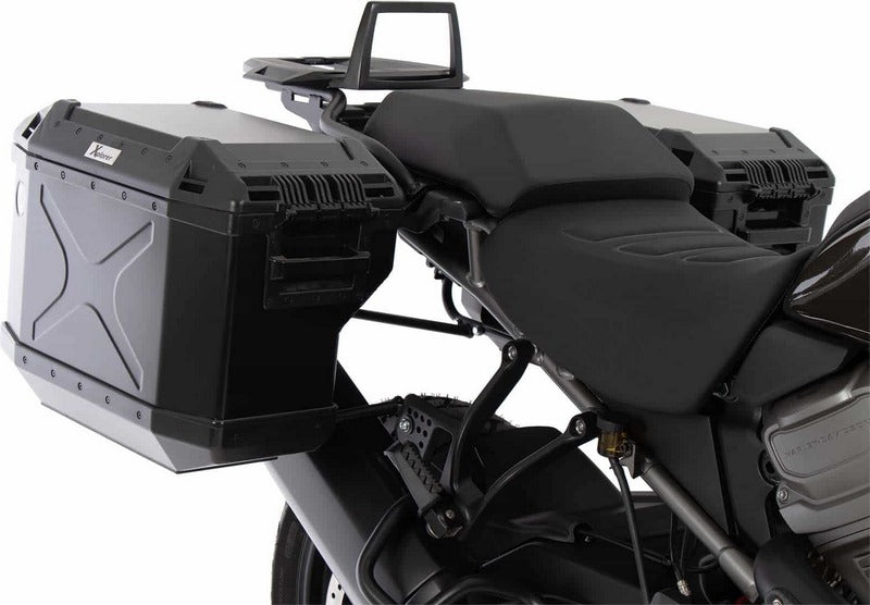 Hepco and Becker / ヘプコアンドベッカー Side carrier cutout black incl. Xplorer black sideboxes for Harley Davidson Pan America (2021-) | 6517600 00 01-01-40