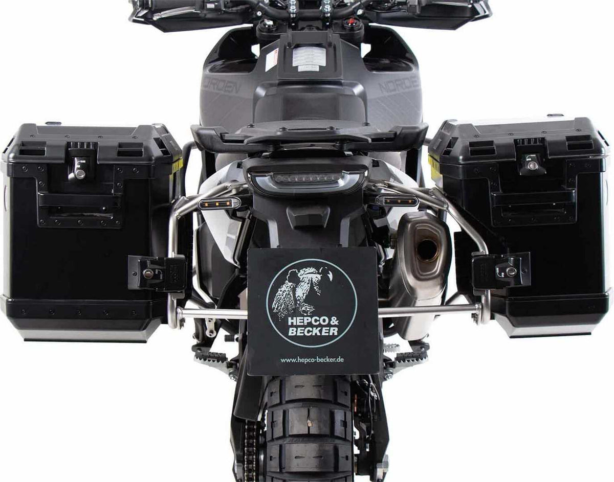 Hepco and Becker / ヘプコアンドベッカー Sidecarrier Cutout stainless steel incl. Xplorer sideboxes black for Husqvarna Norden 901 (2022-) | 6517634 00 22-01-40