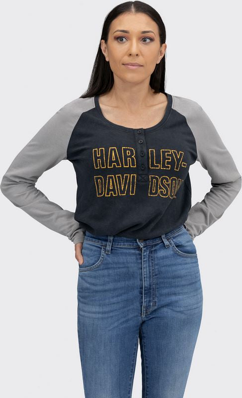 Harley-Davidson Bar Font Raglan Sleeve Henley For Women  Colorblock Design | 96087-22VW
