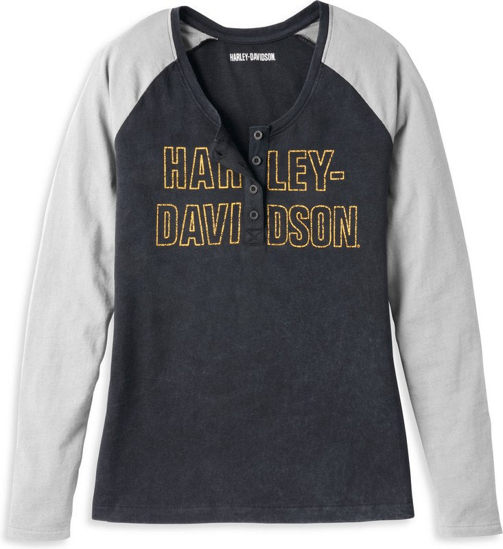 Harley-Davidson Bar Font Raglan Sleeve Henley For Women  Colorblock Design | 96087-22VW