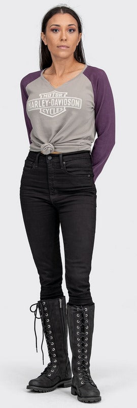 Harley-Davidson Notched Neck Raglan Sleeve Baseball Hem Tee For Women  Colorblock-Design | 96088-22VW