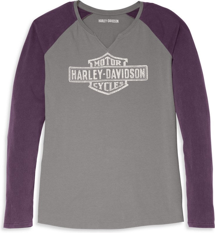 Harley-Davidson Notched Neck Raglan Sleeve Baseball Hem Tee For Women  Colorblock-Design | 96088-22VW