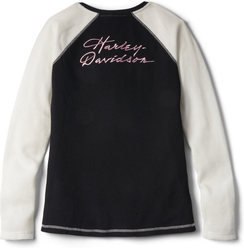 Harley-Davidson Script Font Laced Front Waffle Henley For Women  Black Beauty | 96090-22VW